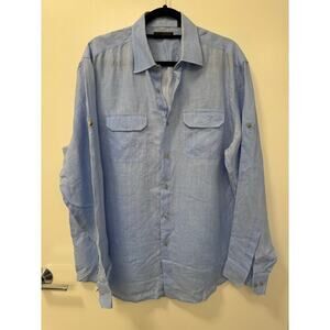 Joseph Abboud Men's Large 100% Linen Blue Button Down Shirt Long Sleeve